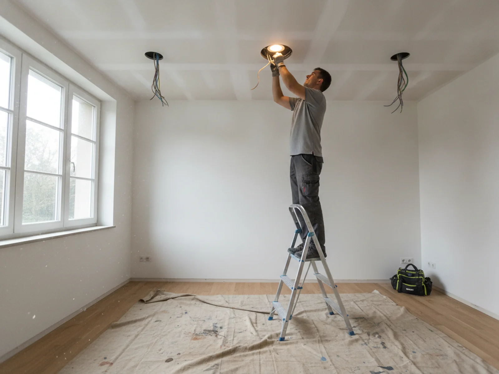Électricien installant des spots LED dans un plafond à Nyon